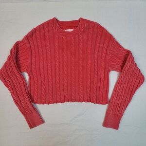 Aerie Mini Cable Cropped Knit Sweater, Womens MED Orange Red Cozy 100%cotton